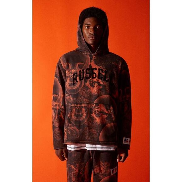Russell Athletic x ASAP Rocky Pullover Skulls Hoodie Sweatshirt Mens XS Orange - Picture 1 of 10